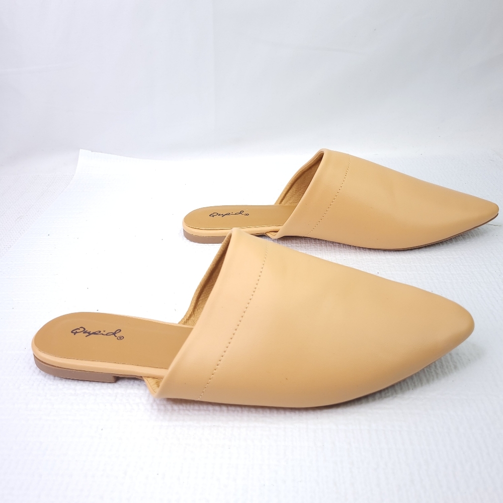 Qupid Mule Slip On Flats Pointed Toe Sandals Vegan Faux Leather Shoes Size 10